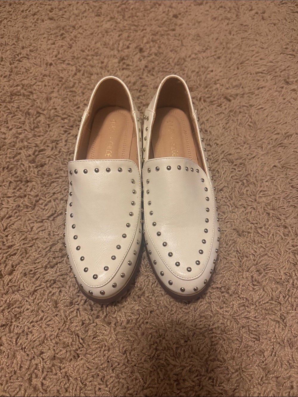 Chase + Chloe White Studded Leather Loafers